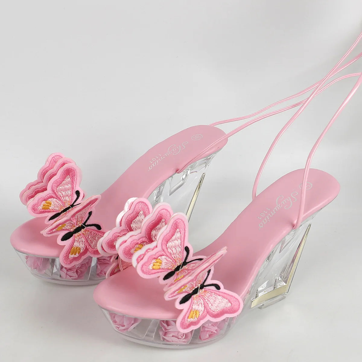 11CM Sexy Strappy Pole Dance Shoes Summer Women Embroider Butterfly High Heels Nightclub Transparent Wedges Heeled Sandals Black