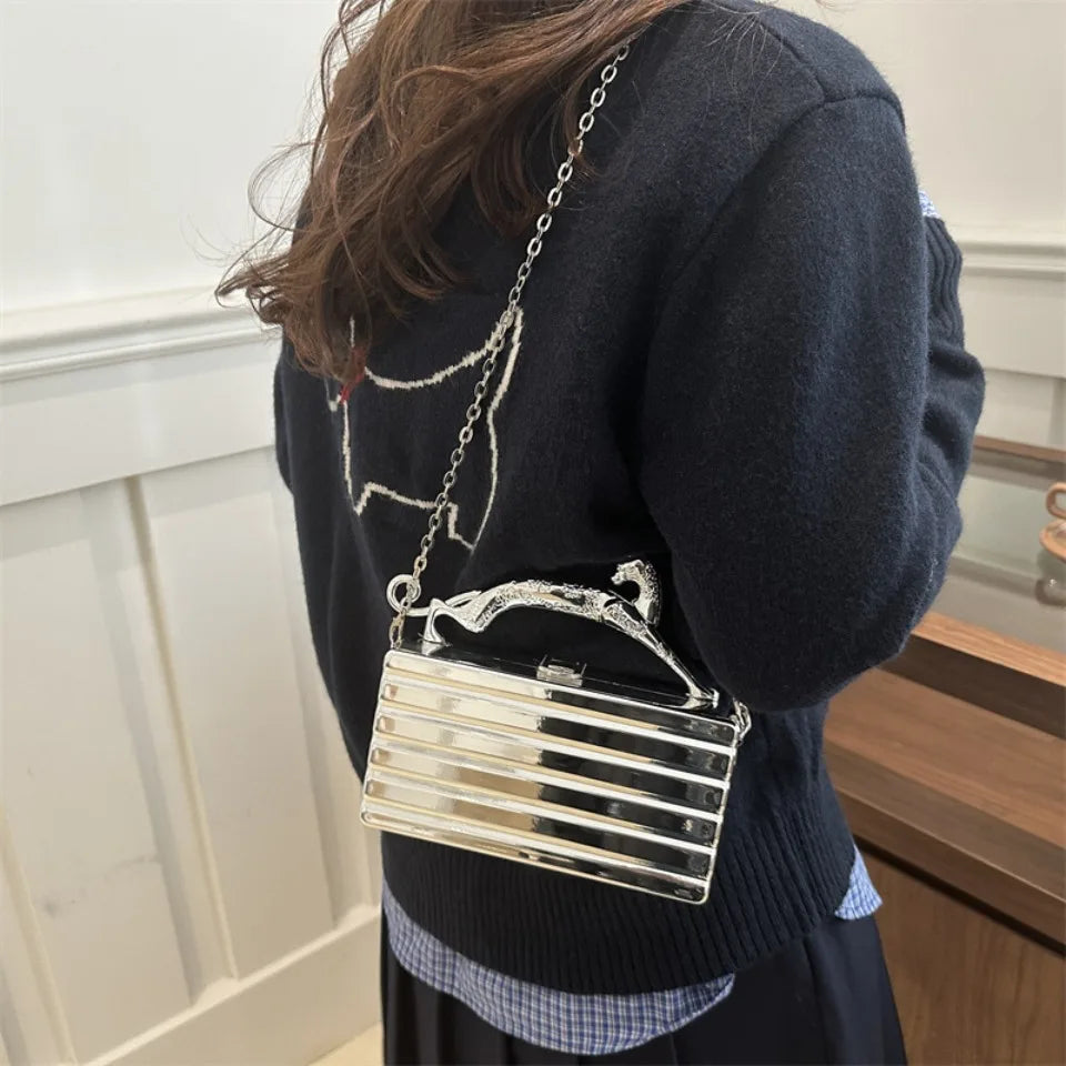 Leopard handle Luxury Gold Silver Party Evening Bag For Women Chain Clutch Handbags And Purses Mini Crossbody Shoulder Phone Bag