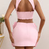 New sexy pink neck hanging backless dress, women's temperament short skirt decoration flower party dress set