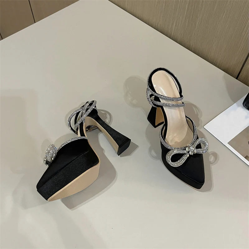 Hlieny 2025 Spring Autumn Women Pumps Fashion Platform Pointed Toe Butterfly-Knot Crystal Party Shoes Ankle Buckle Strap Sandals