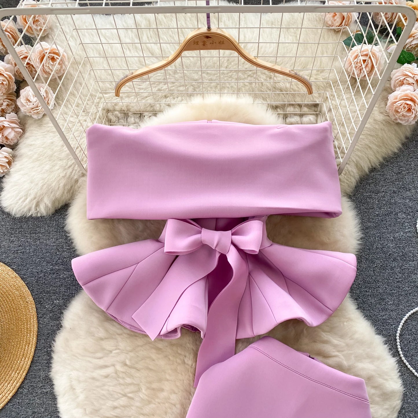 Women Vintage Two Pieces Skirt Sets Women Long Sleeve Sexy Slash Neck Bandage Ruffle Blouse Top and High Waist  Hip Wrap Skirt