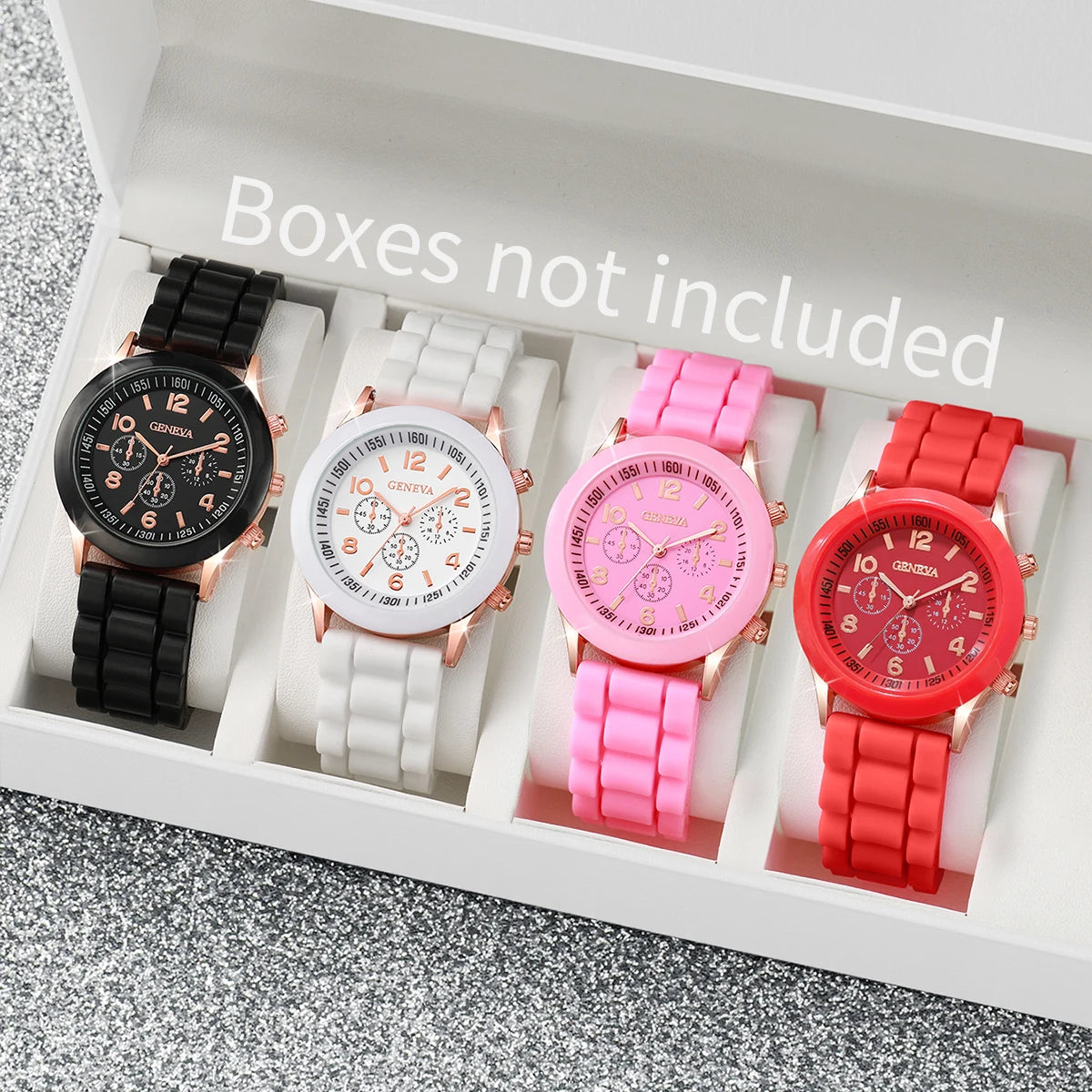 4PCs/Set Women Silicone Watch White Pink Red Black Colors Quartz Watch Set