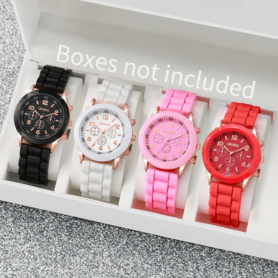 4PCs/Set Women Silicone Watch White Pink Red Black Colors Quartz Watch Set