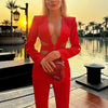 Modphy Red Sexy V-neck Long Sleeve Jacket+High Waist Flare Pants Blazer Set Women'S 2025 New Hollow Out Designer Two-Piece Set