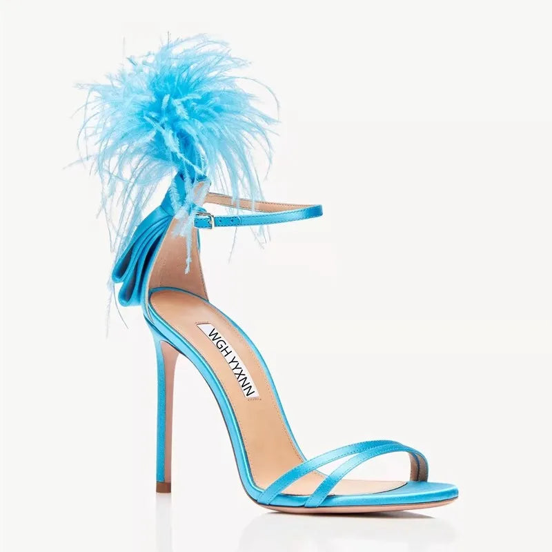 Summer new feather flower silk ribbon sexy open-toe sandals thin high-heeled banquet dress fashionable large-size women's shoes