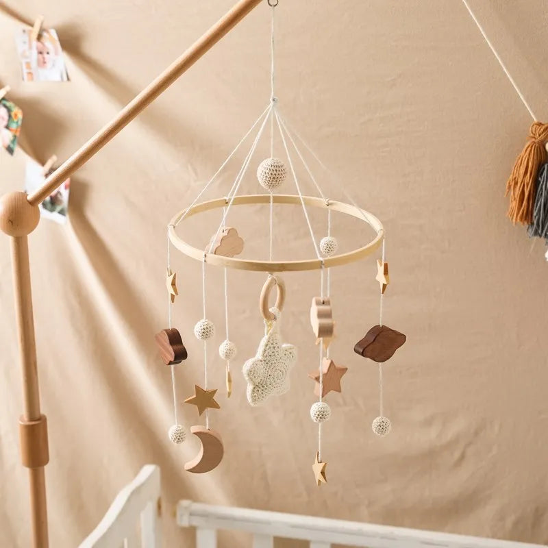 Baby Crib Mobile Bed Bell Rattle Toys Wooden Crochet Stars Pendant Bed Bell Toys Newborn Comfort Crib Bracket Hanging Toys Gifts