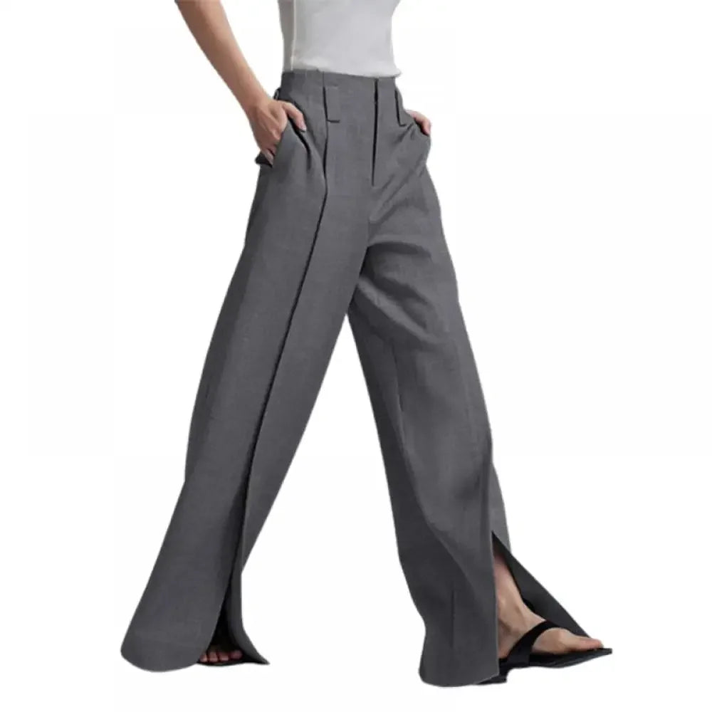 Yeezzi Urban Female Suit Pants 2025 New Fashion Black White Color Loose Straight Pant High-Waisted Pleated Split-Front Trousers