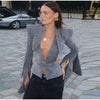 Sexy Deep V-neck Woolen Jackets Women's Hollow Up Waist Split Flare Long Sleeves Metal Buckle Coat High Street Fashion Jacket