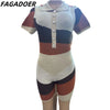 FAGADOER Fashion Knitting Color Stitching Bodycon Rompers Women V Neck Button Short Sleeve One Pieces Jumpsuits Female Overalls