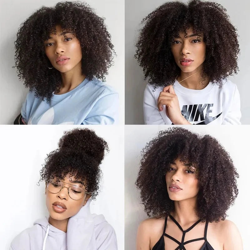 Afro Kinky Curly Wigs with Bangs 250% Density Brazilian Remy Human Hair Full Machine Made Wigs Short Afro Curly Wigs For Women