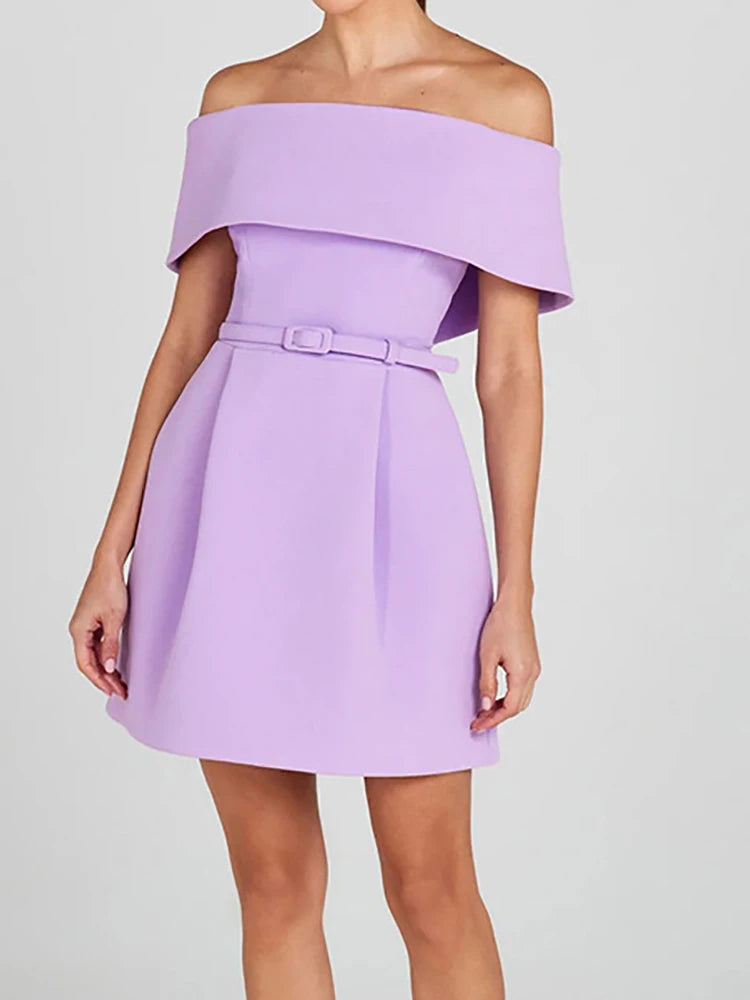 Women Belt Patchwork Short Sleeve Mini Dress, Spring Summer Fashion Slash Neck Party Dress, Solid Off The Shoulder Ladies Dress