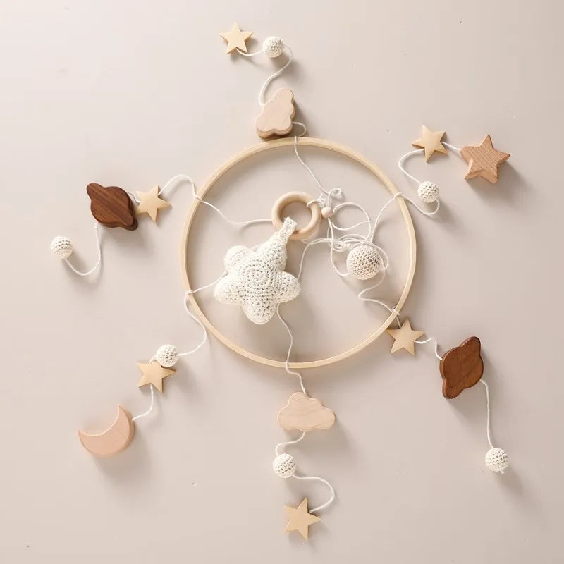 Baby Crib Mobile Bed Bell Rattle Toys Wooden Crochet Stars Pendant Bed Bell Toys Newborn Comfort Crib Bracket Hanging Toys Gifts