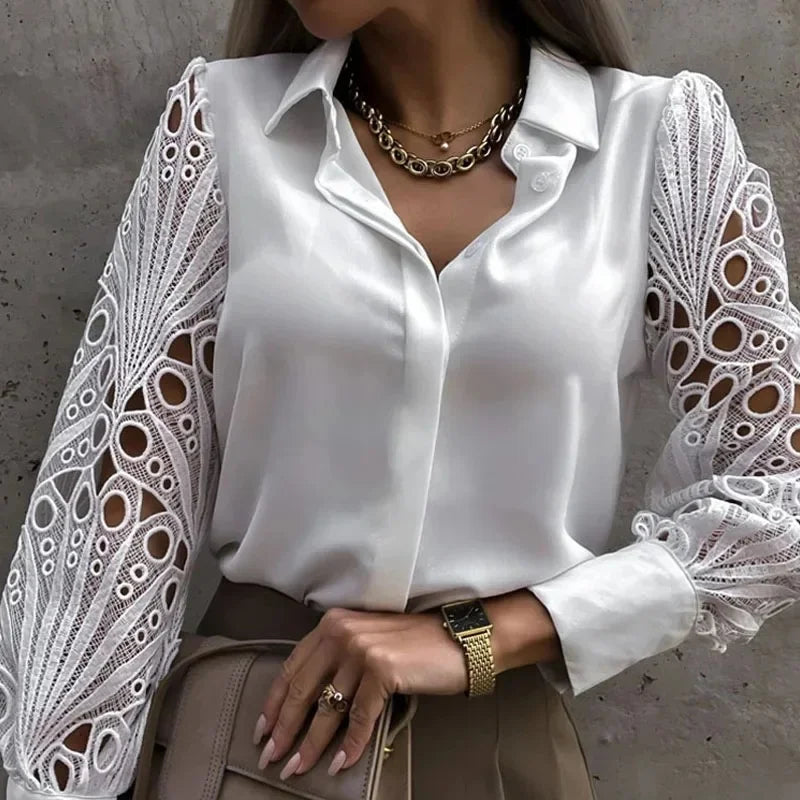 Women's Blouse White blank Elegant V-neck Lace Sleeve Cut-out Patchwork Office Commuter Black Shirt For Female