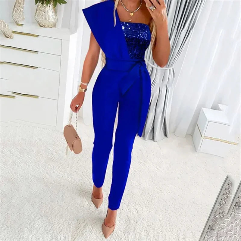 Fashion Sequins Decoration One Shoulder Backless Jumpsuit Women Female Slim Fit Stretch Lace-up High Waist  Back Zipper Rompers