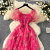 Elegant Slash Neck Vintage Short Puff Sleeve Chic Print Slim Chiffon Dresses French High Street Evening Autumn Mesh Clothing