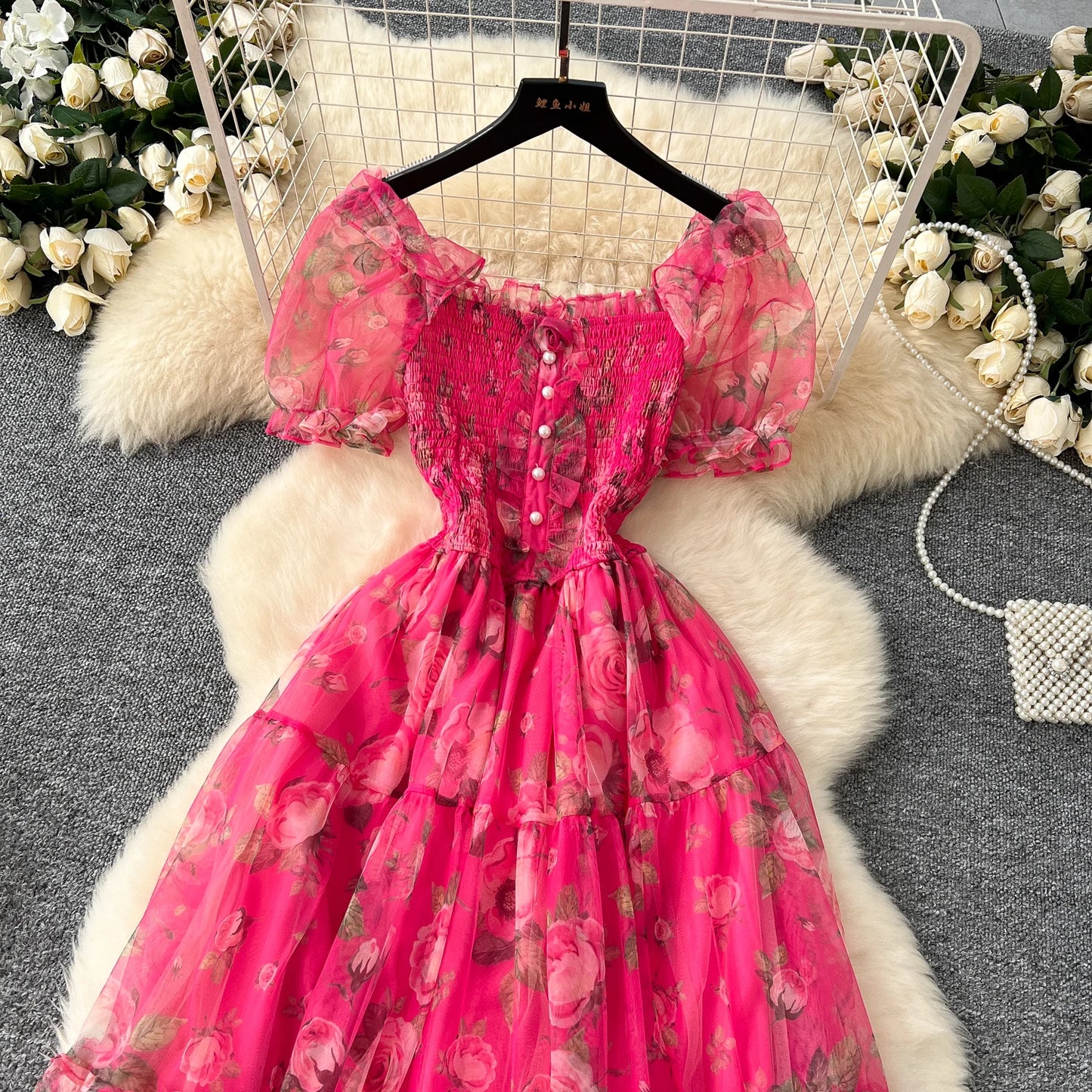 Elegant Slash Neck Vintage Short Puff Sleeve Chic Print Slim Chiffon Dresses French High Street Evening Autumn Mesh Clothing