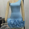 Znaiml Women Blue Stretchy Mini Dresses With Pearls Ruffles Trimmed Bottom Sexy Sheath Short Guest Birthday Party Wedding Gowns