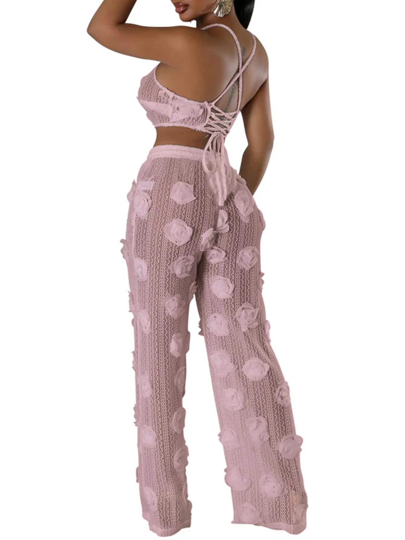 Sexy see through lace up vacation jumpsuits women summer body party club outfits streetwear womens jumpsuit Wide leg pants sets