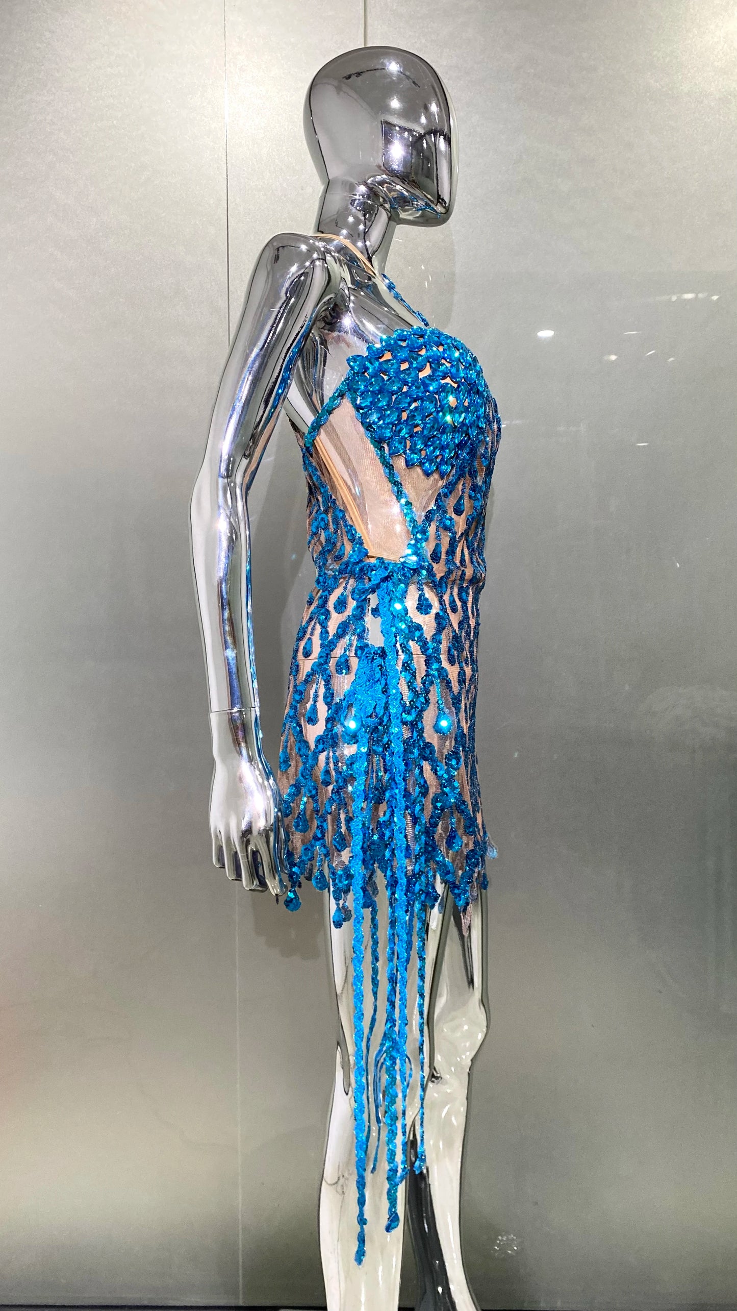 Blue Sequins Shining Diamonds Long Tassel Sleeveless Mini Dress 2 Pieces High Quality Birthday Party Outfit Performances Costume