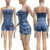 HLJ&GG Blue Sexy Denim Pocket Cargo Bodycon Rompers Women Off Shoulder Sleeveless Backless Slim Jumpsuit Fashion Cowboy Playsuit