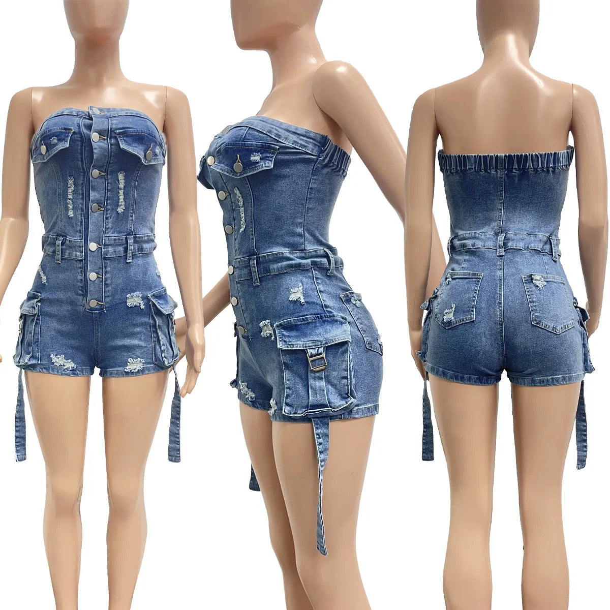 HLJ&GG Blue Sexy Denim Pocket Cargo Bodycon Rompers Women Off Shoulder Sleeveless Backless Slim Jumpsuit Fashion Cowboy Playsuit