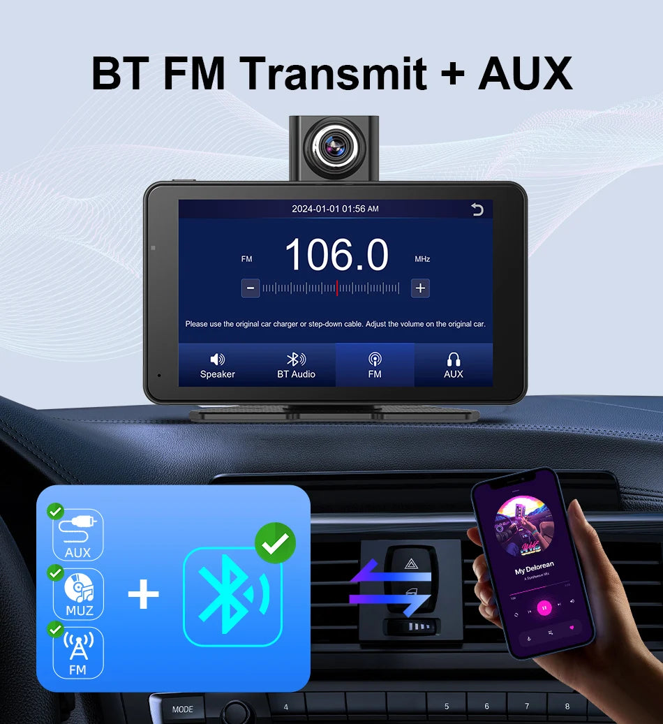 Jansite 7" Car DVR 2.5K Dash cam Wireless Carplay Android Auto Front and Rear Camera Dashboard Driving Recorder Dual Lens Wifi