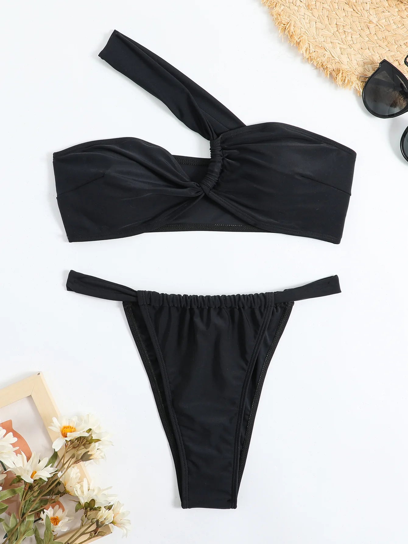 Bikini Set Women Sexy Sleeveless One Shoulder Swimsuit Two-Piece Swimwear 2025 Summer New Fashion Solid Color Bathing Beachwear