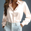 Women's Satin Shirts Elegant Plain Long Sleeve Blouse Office Lady Button-Up Shirt Top Female Crew Neck Shirts Blouse 2025 Autumn