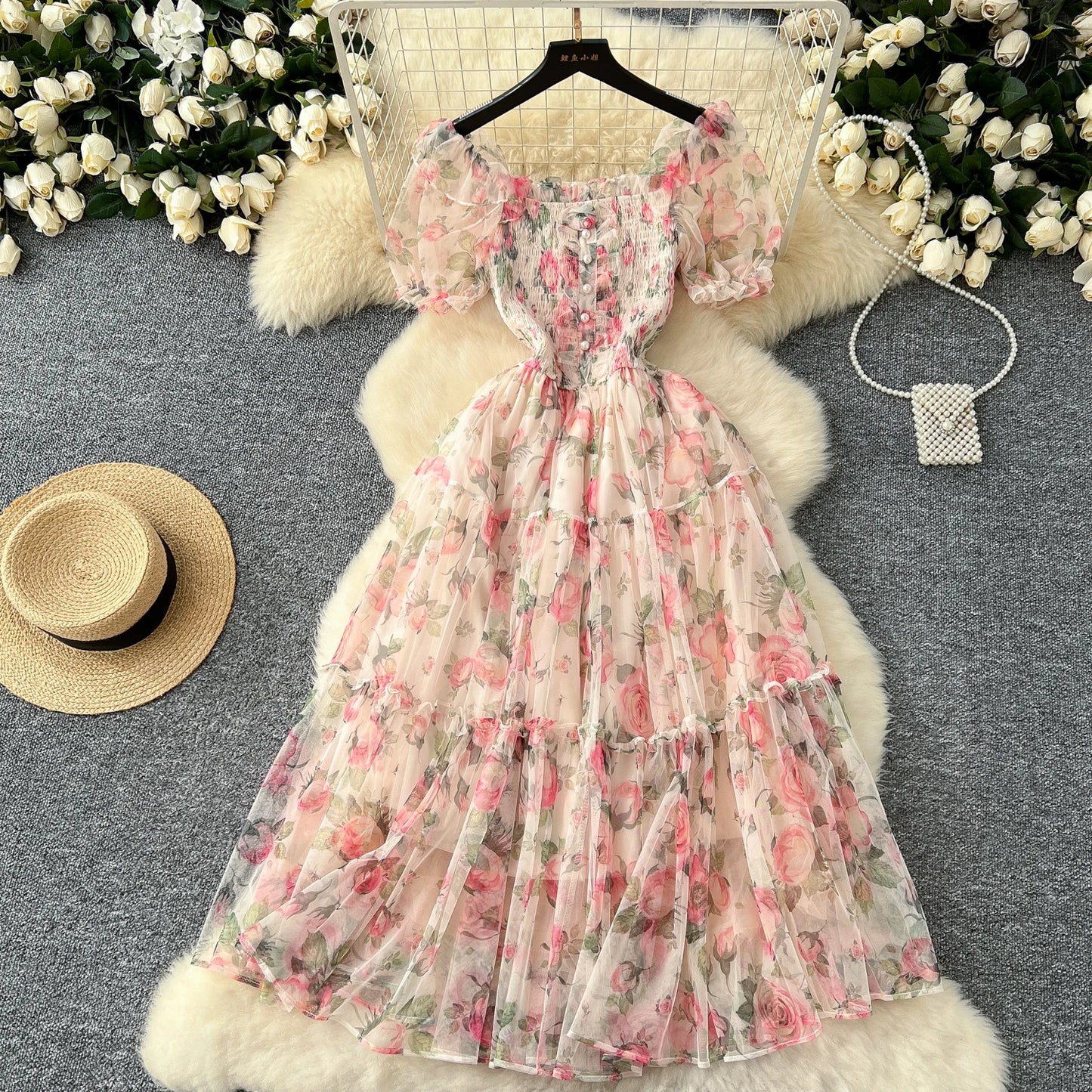 Elegant Slash Neck Vintage Short Puff Sleeve Chic Print Slim Chiffon Dresses French High Street Evening Autumn Mesh Clothing