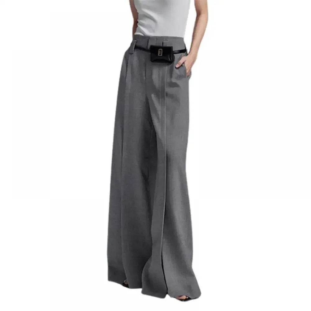 Yeezzi Urban Female Suit Pants 2025 New Fashion Black White Color Loose Straight Pant High-Waisted Pleated Split-Front Trousers