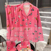 Pink Cartoon Print Pajamas Set Women Soft Sleepwear Cotton Shirt Pant Long Sleeve Autumn Home Clothing Christmas Party Gift