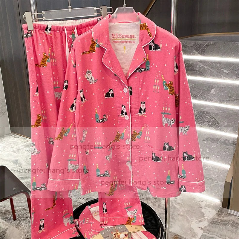 Pink Cartoon Print Pajamas Set Women Soft Sleepwear Cotton Shirt Pant Long Sleeve Autumn Home Clothing Christmas Party Gift