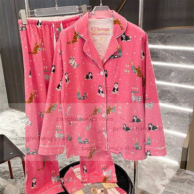 Pink Cartoon Print Pajamas Set Women Soft Sleepwear Cotton Shirt Pant Long Sleeve Autumn Home Clothing Christmas Party Gift