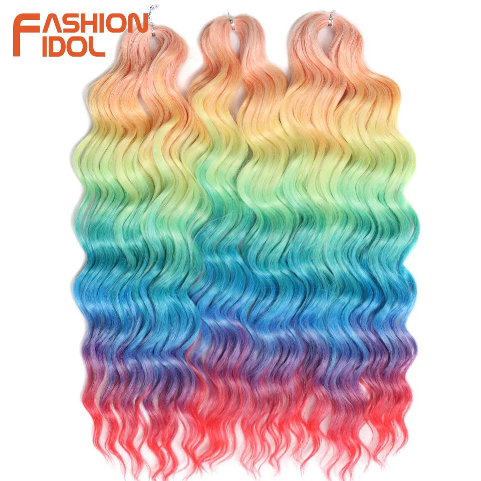 FASHION IDOL 24Inch Crochet Hair Synthetic Water Wave Braiding Hair Extensions Ombre Rainbow color Fake Hair Deep Wave Curl Hair