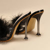Women Rabbit White Fur Clear PVC Slippers Square Toe Stilettos Slides Transparent Crystal High Heels Sandals Mules Glass Heels