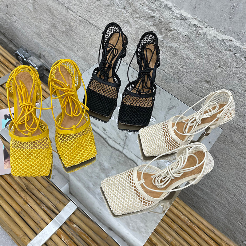 Aneikeh 2024 Summer Sexy Mesh Pumps Sandals Female Square Toe High Heel Lace Up Cross-Tied Stiletto Hollow Dress Party Shoes