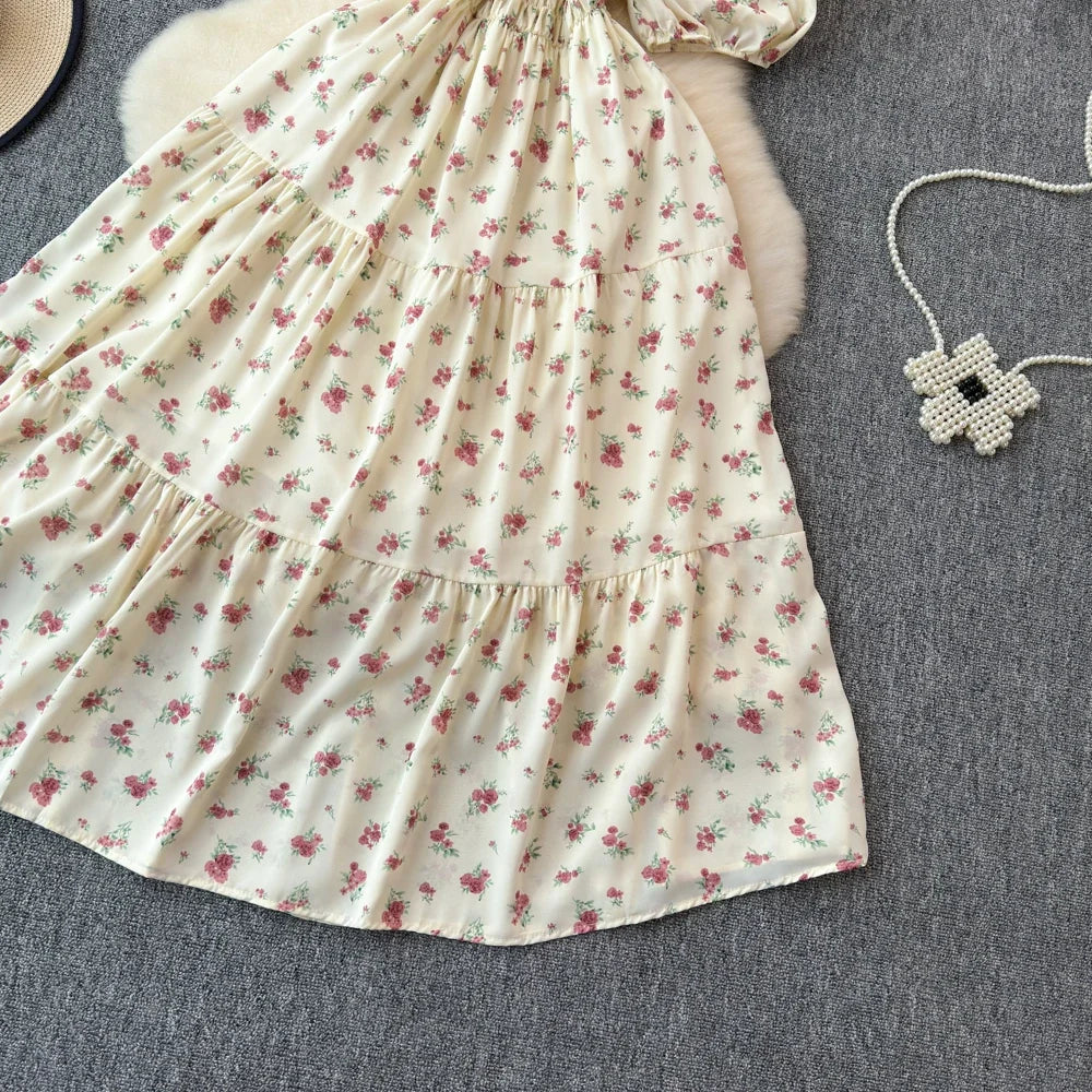 2024 New Summer Flower Print Long Dress Women Vintage Square Neck Ruched Chest Sash Bandage Sundress Party Vestidos