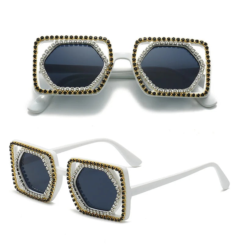 Square Luxury Diamonds Sunglasses Women Punk Fashion Rhinestone Sun Glasses Female Shiny Sexy Yellow Lens Eyewear Shade Handmade
