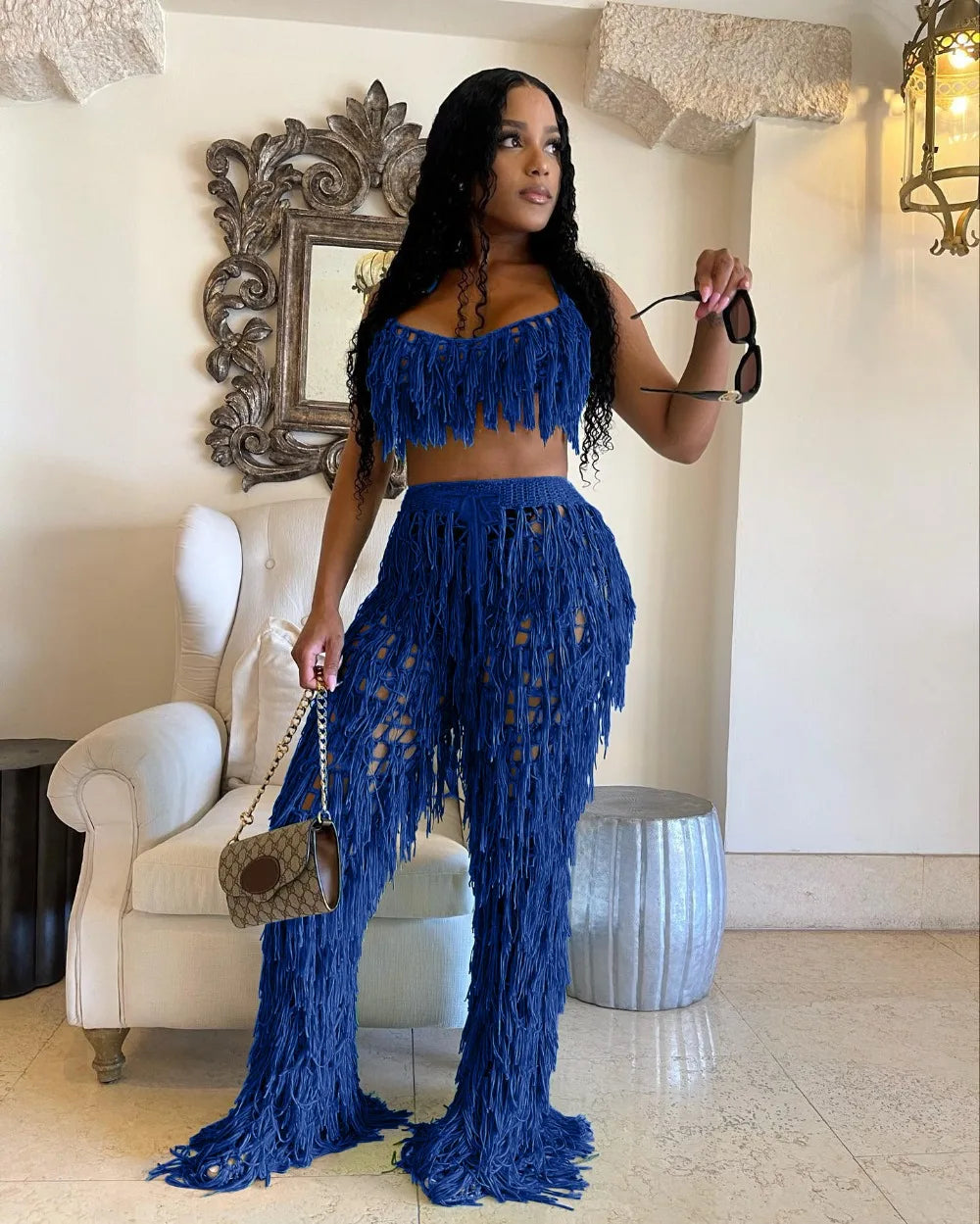 FAGADOER Sexy Hollow Out Tassels Pants Two Piece Sets Women Halter Sleeveless Backless Crop Top + Pants Outfit Female Streetwear