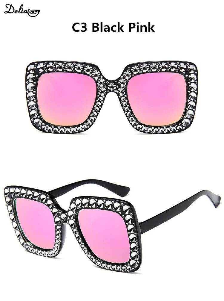 Glitter Women Sunglasses Brand Design Flash Square Shades Mirror Female Sun Glasses Bezel Bling Rhinestones