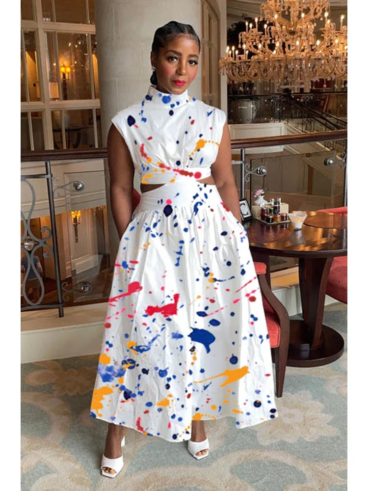 Summer Dresses 2024 Mock Neck Sleeveless Cutout White Maxi Dresses A-Line Elegant Pockets Casual Party Hollow Out Long Dress