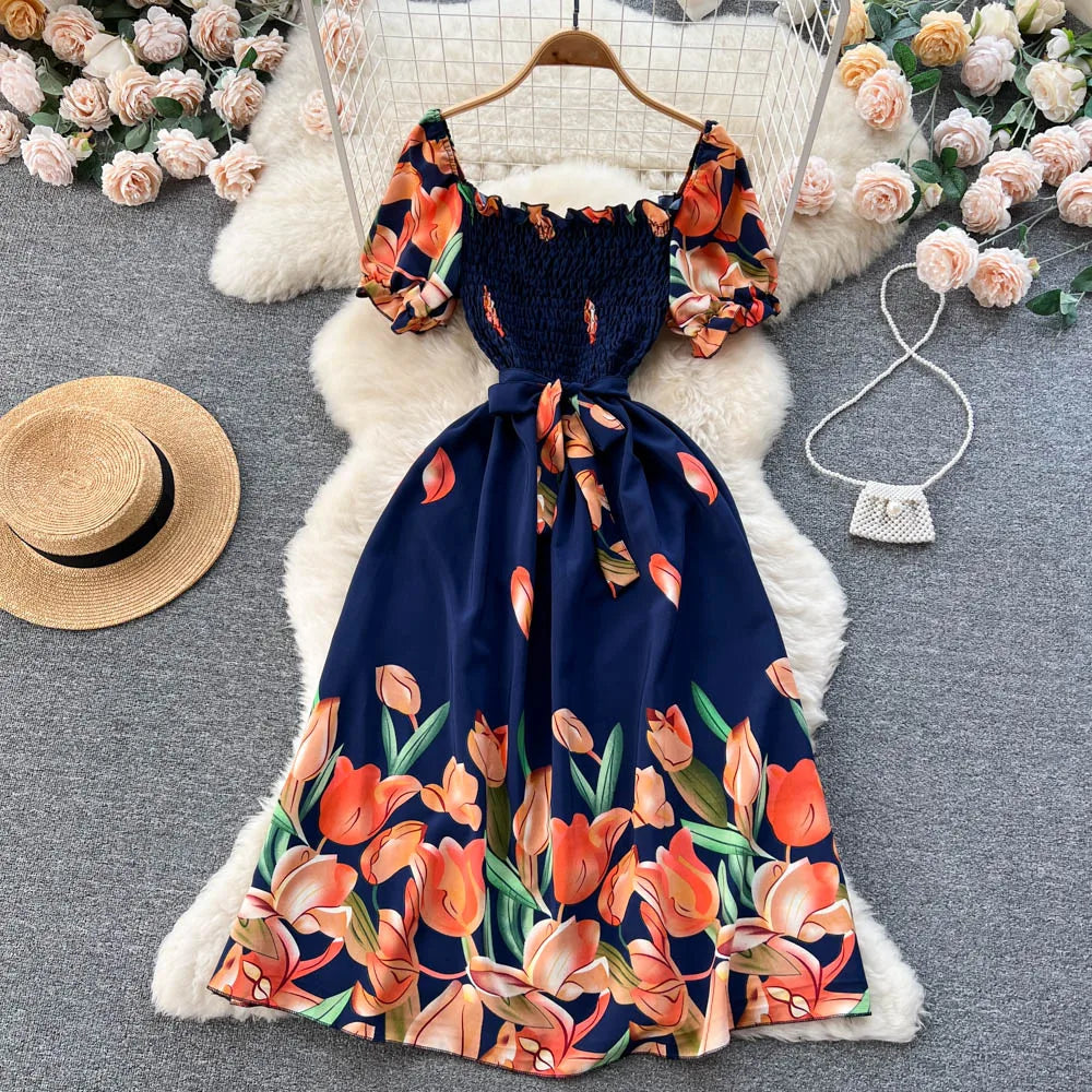 YuooMuoo Fashion Summer Flower Print Long Dress Women Vintage Square Neck Ruched Chest Sash Bandage Sundress Party Vestidos