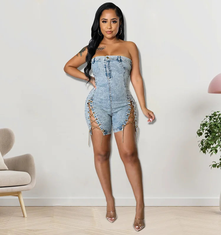 Rompers Women One Piece Elegant Splice Denim Jumpsuits Sexy Slim Fit Strapless Sleeveless Short Pants Sheath Playsuits