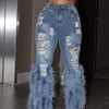 Fashion Women's Jeans Tassel Holes Vitnage Feather High Waist Y2K Streetwear Casual Denim Pant Spring Skinny Hollow Out Trousers