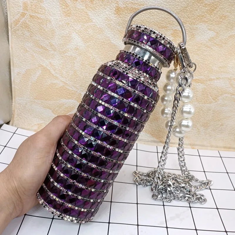 Bling Rhinestone Insulated Thermos Water Bottle with Chain Stainless Steel Vacuum Insulated Bottle Flask Portable Tumbler