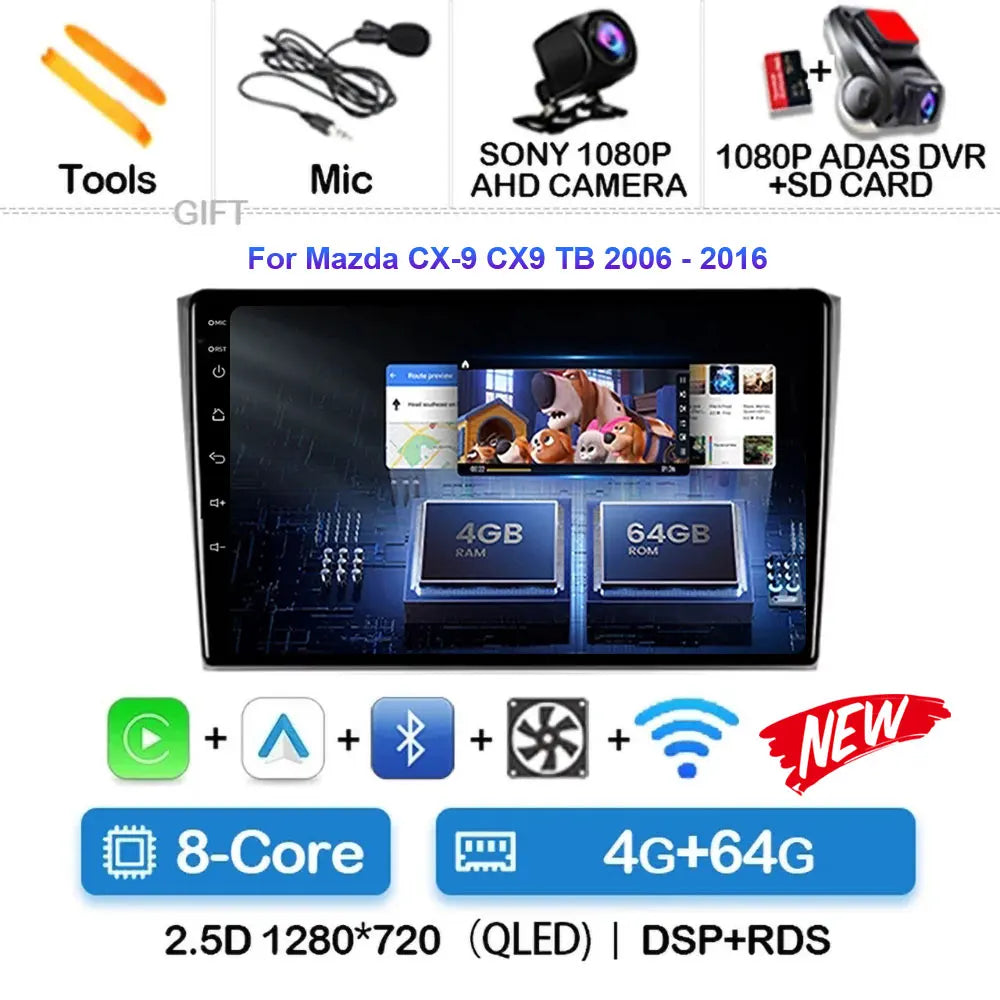 Android 14 Carplay Auto For Mazda CX9 CX-9 TB 2006 2007 2008 2009 2010 2016 Car Radio Multimedia Player Video Stereo WIFI+4G DSP