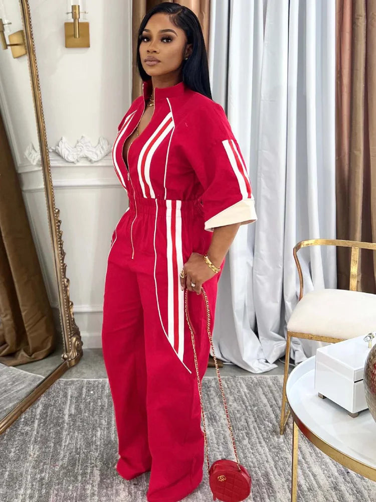 Beyprern Bragging Rights Jumpsuit For Women Runway Short Sleeve Zipper Front Striped Jumpsuit Fitted Romper Club Overalls Outfit