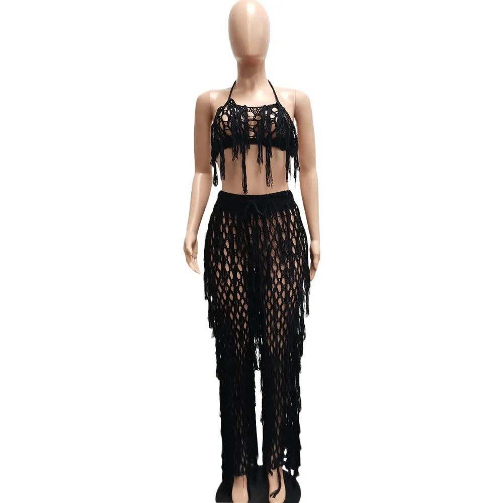 FAGADOER Sexy Hollow Out Tassels Pants Two Piece Sets Women Halter Sleeveless Backless Crop Top + Pants Outfit Female Streetwear
