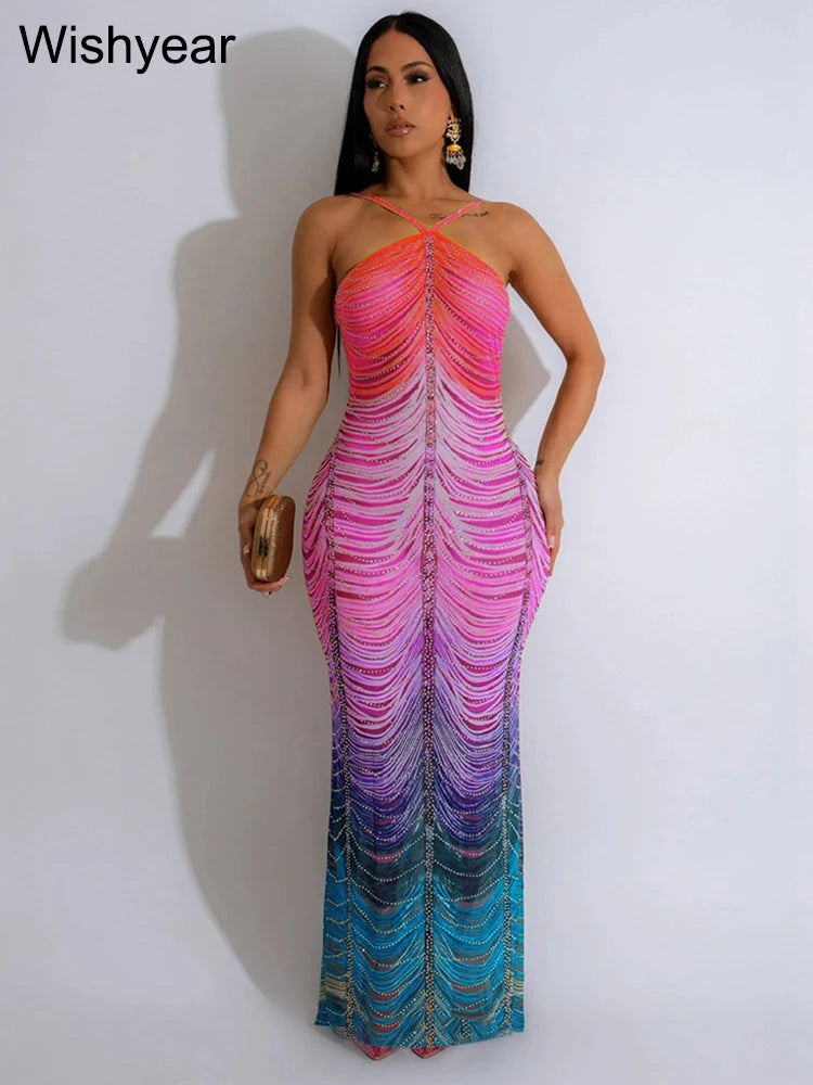 New Gradient Rhinestone Tie Dye Print Halter Mermaid Long Dresses Women Backless Sleeveless Slim Birthday Party Prom Vestidos
