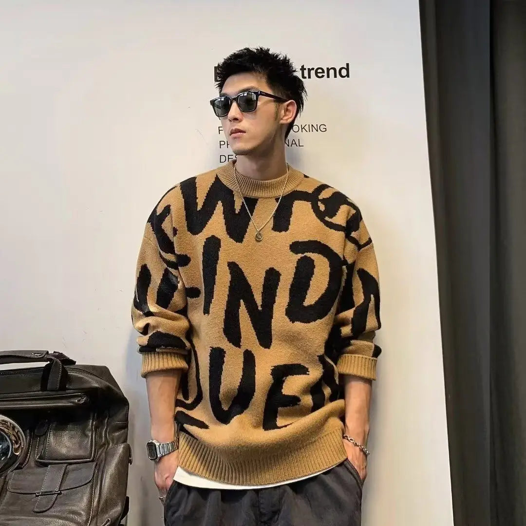 Pullover Man Letter Green Knitted Sweaters for Men Crewneck Loose Knitwear Round Collar Clothing Deals 2024 Fit Cheap Woven Top